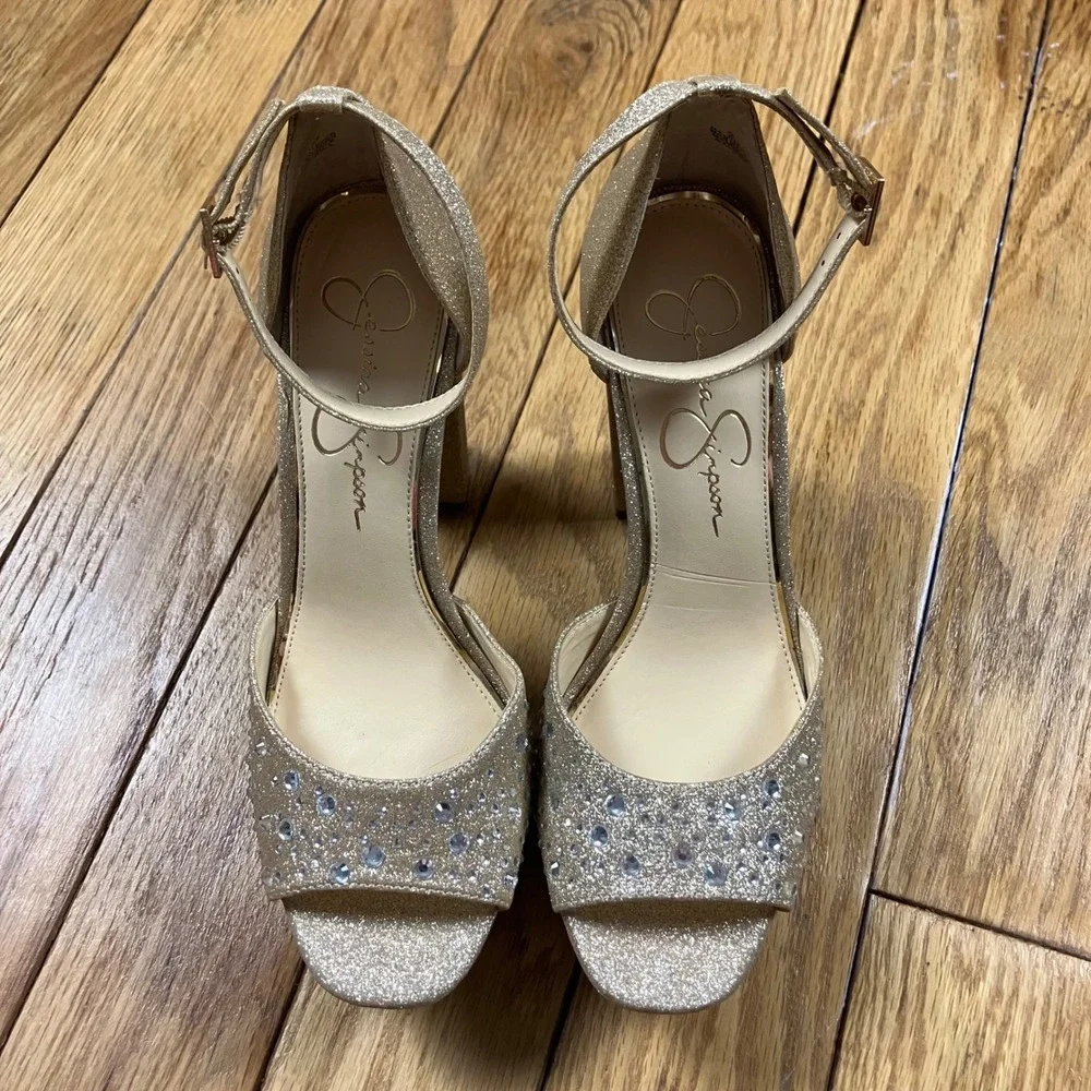 Jessica Simpson Glitter Platform Ankle Strap Heels Gold‎ Sparkle Size 8 38.5